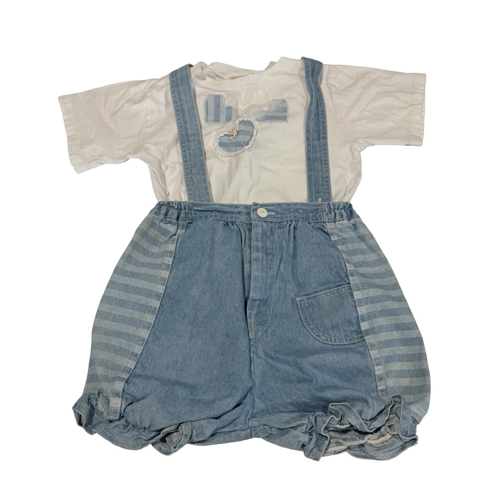 Vintage Popside Kids Denim Overall Shorts Set White Heart T-Shirt 2pc 90s Cotton